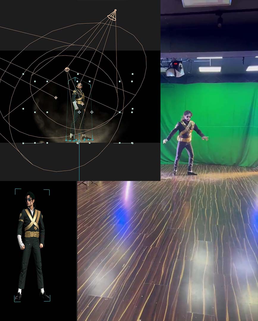 Holographic content build for the Michael Jackson tribute — greenscreen shoot with dancer alongside the 3D reference model in editing software
